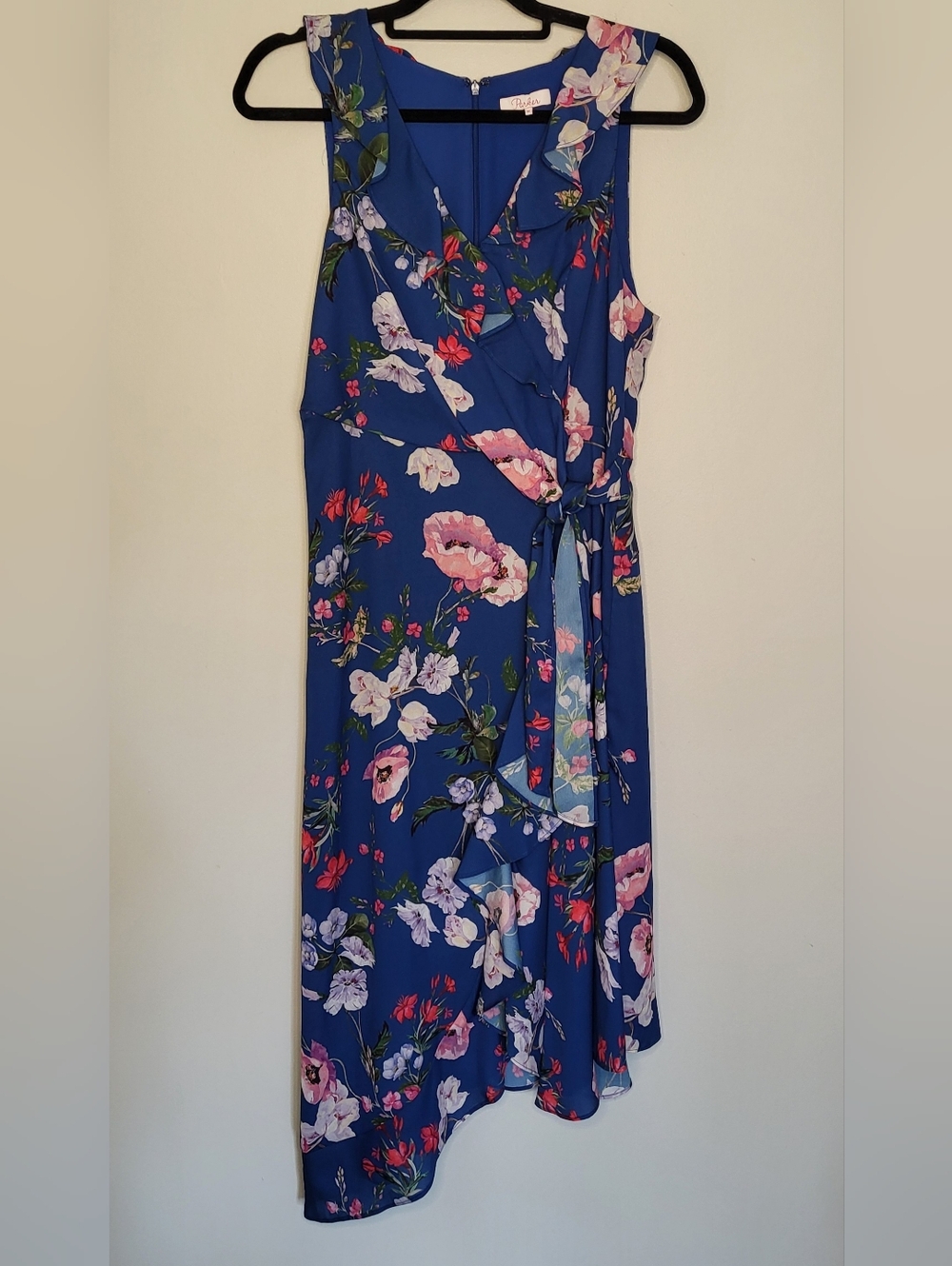 Parker Blue Floral Ruffle Asymmetric Hem Wrap Midi Dress Size Medium